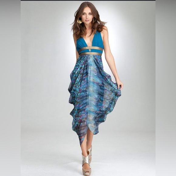 BEBE Goddess silk flowers dress teal and gold size M - Picture 1 of 4